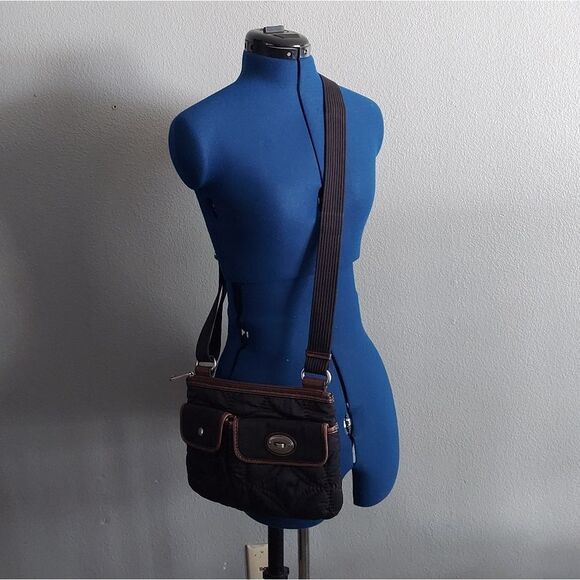 Fossil Key Per Black Quilted Crossbody Shoulder Bag Purse Brown Leather Trim - Picture 6 of 6
